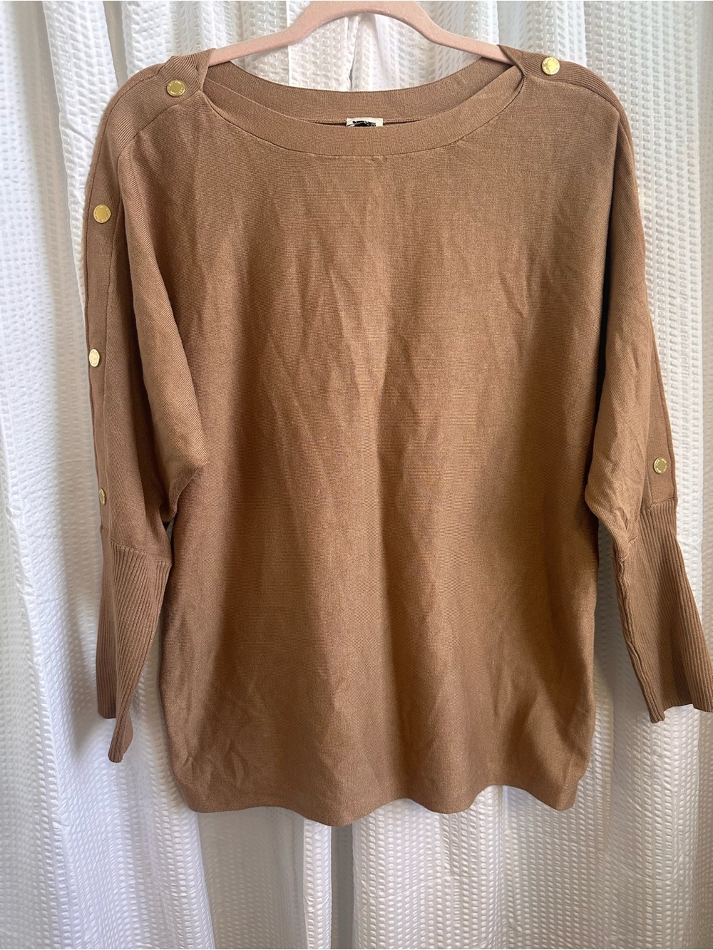Anne Klein Camel Crewneck Sweater with Shoulder Button Detail - Picture 2 of 4